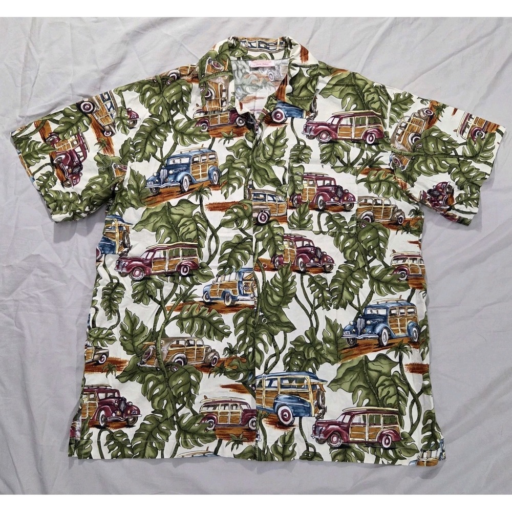 Button Up All Over‎ Graphic Print Cars Pattern Chevy Vintage Mens Shirt XL Camp